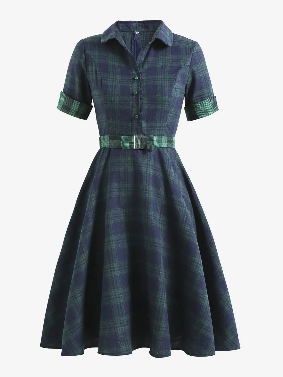 1950s Audrey Hepburn Style Vintage Glamour Dress V Neck Turndown Collar Short Sleeves Knee Length Plaid Swing Dress