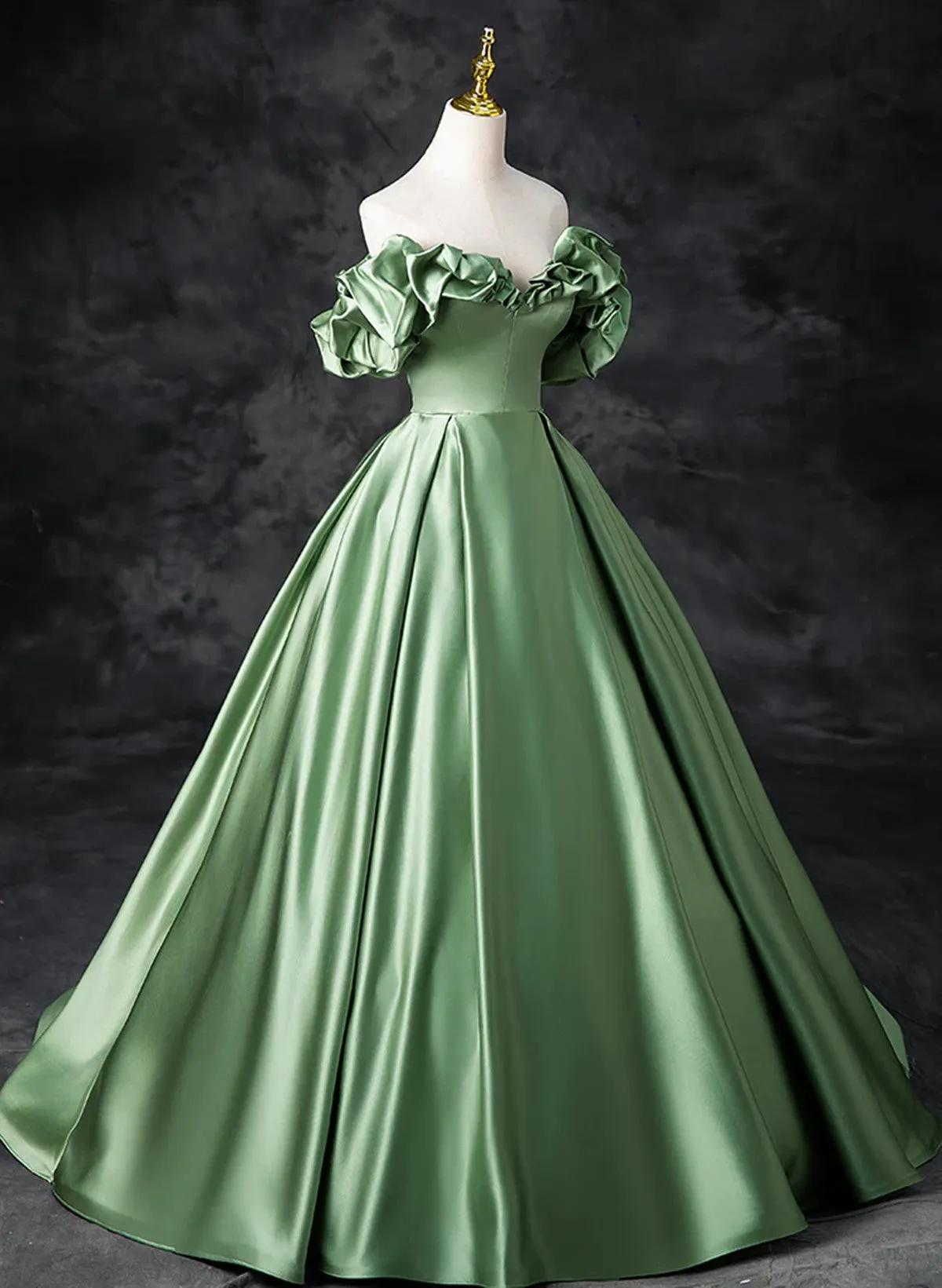 A-line Green Satin Off Shoulder Long Party Dress, Green Satin Prom Dress