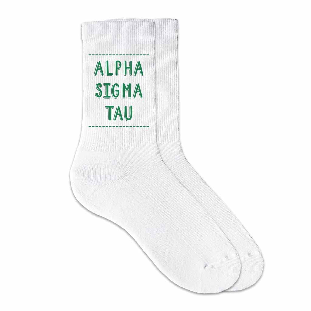 Alpha Sigma Tau Crew Socks with Alpha Sigma Tau Name in Sorority Colors