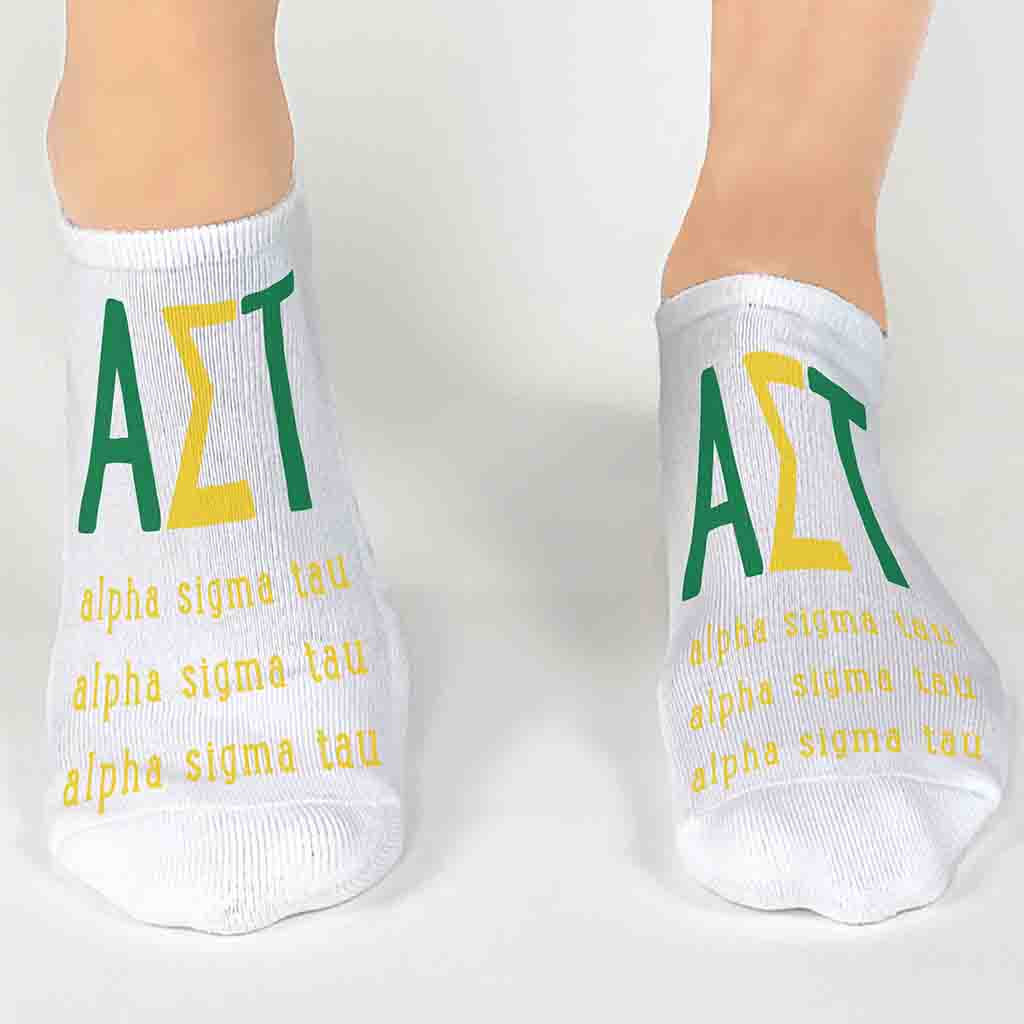 Alpha Sigma Tau Sorority Socks with Large Greek Letters, Printed on No Show Socks