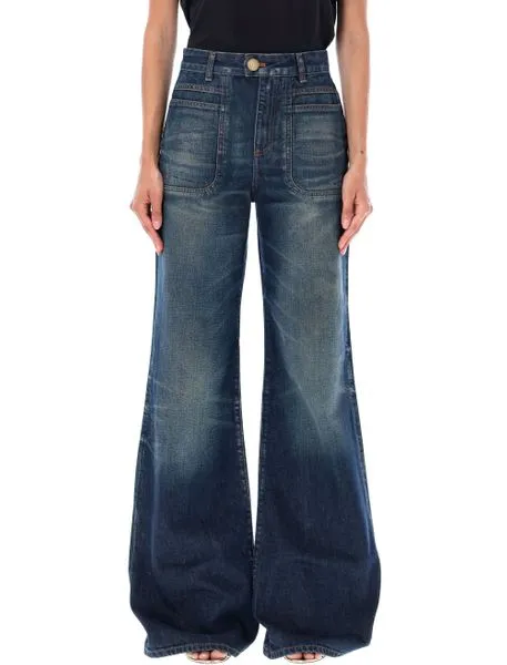 BALMAIN High-Rise Wide Leg Dark Wash Jeans