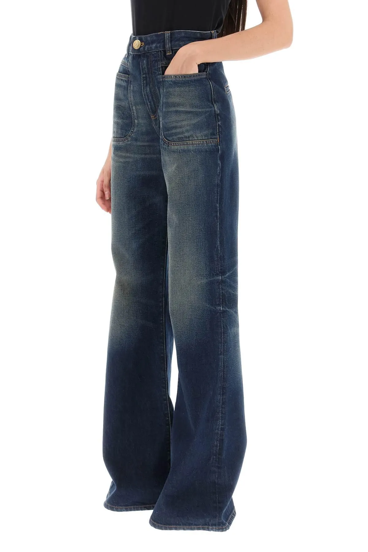 BALMAIN High-Rise Wide Leg Dark Wash Jeans