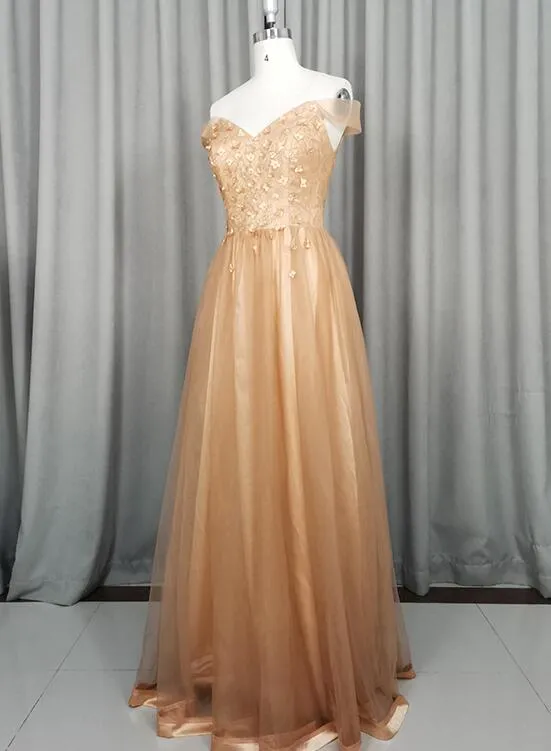 Beautiful Champagne Off Shoulder Tulle A-line Party Dress, Long Prom Dress