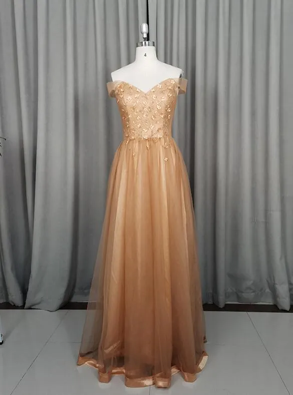 Beautiful Champagne Off Shoulder Tulle A-line Party Dress, Long Prom Dress