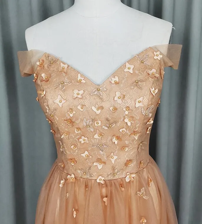 Beautiful Champagne Off Shoulder Tulle A-line Party Dress, Long Prom Dress