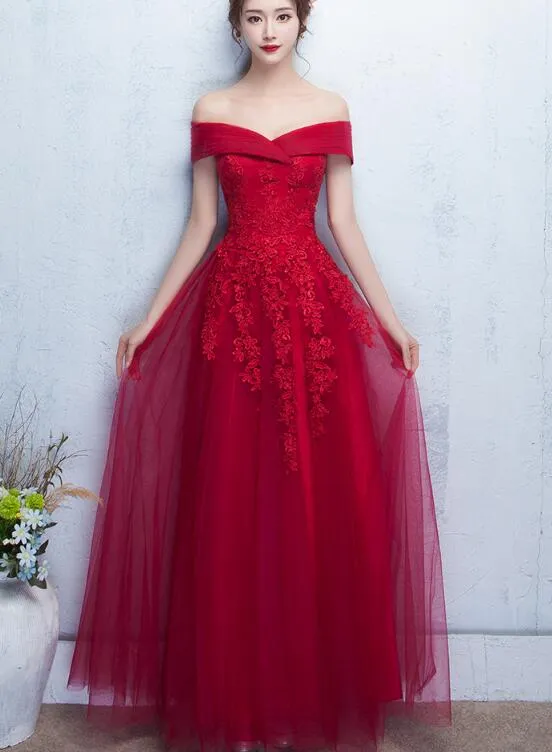 Beautiful Red Off the Shoulder Long Party Dress with Lace, A-line Prom Dress