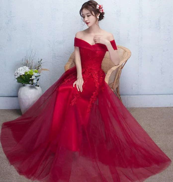 Beautiful Red Off the Shoulder Long Party Dress with Lace, A-line Prom Dress