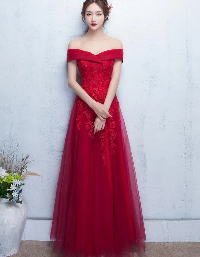 Beautiful Red Off the Shoulder Long Party Dress with Lace, A-line Prom Dress