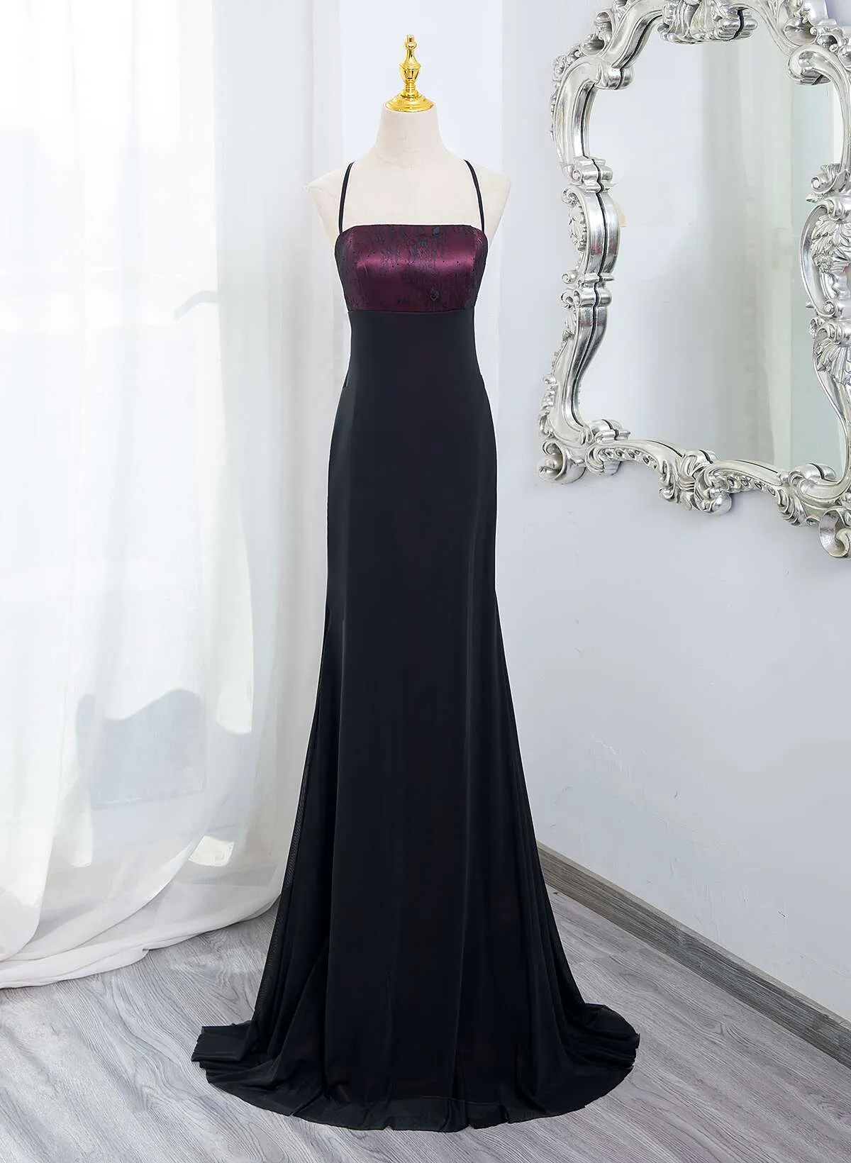 Black and Burgundy Straps Long Formal Dress, Black and Burgundy Prom Dress