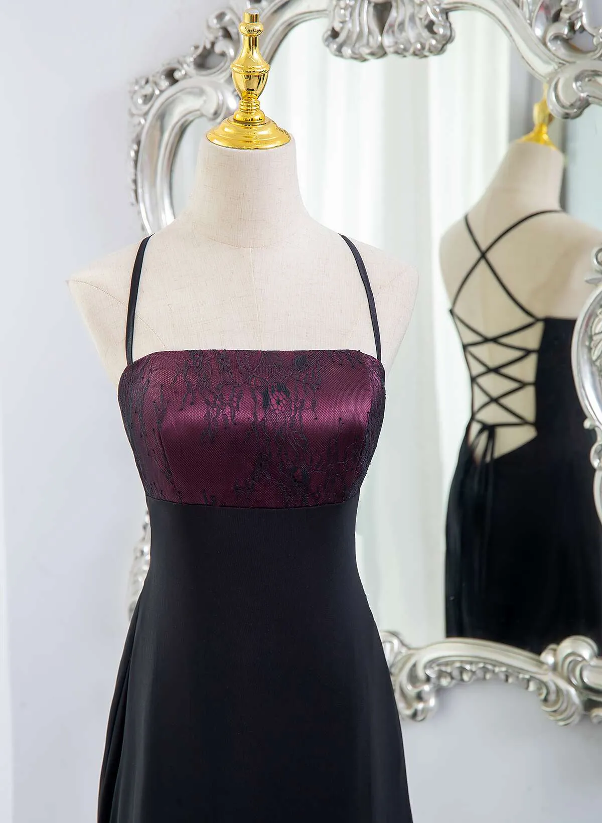 Black and Burgundy Straps Long Formal Dress, Black and Burgundy Prom Dress