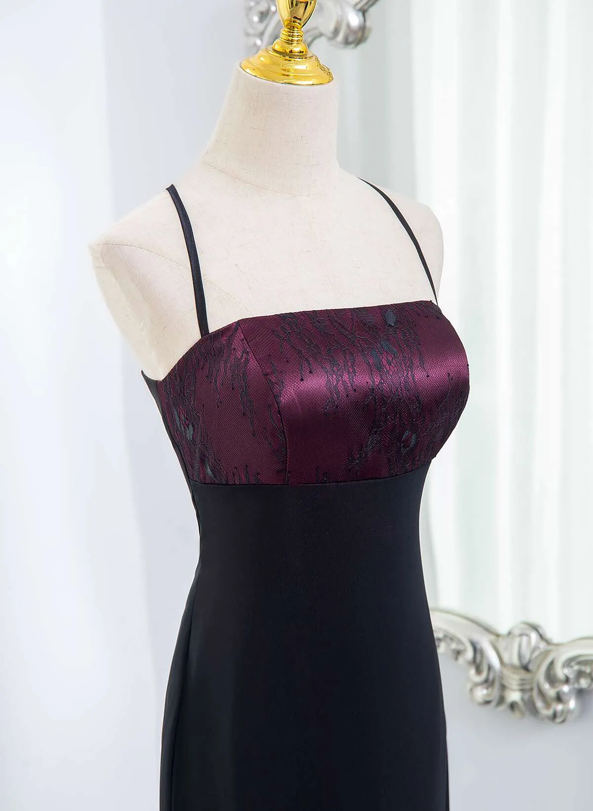 Black and Burgundy Straps Long Formal Dress, Black and Burgundy Prom Dress