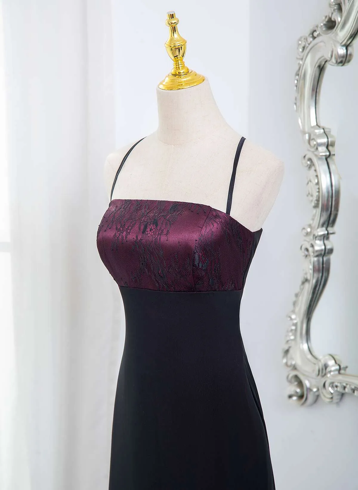 Black and Burgundy Straps Long Formal Dress, Black and Burgundy Prom Dress