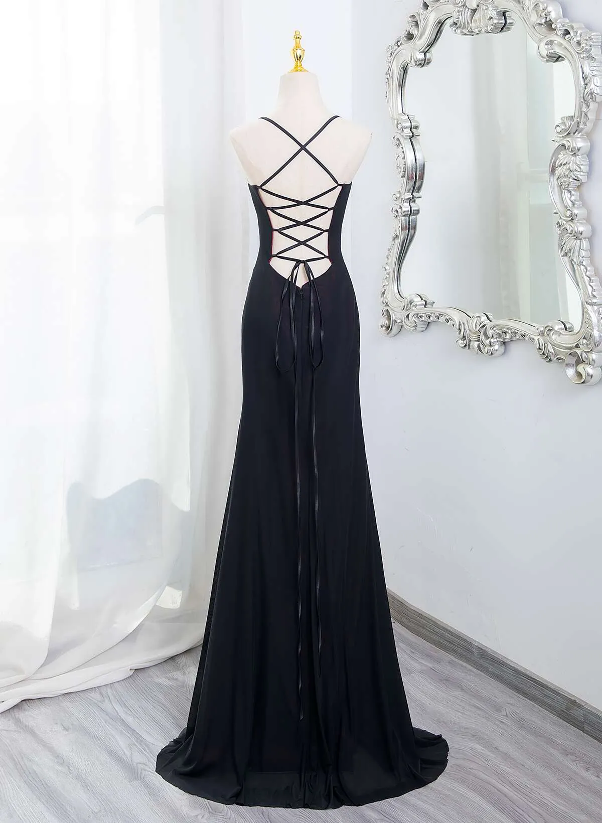 Black and Burgundy Straps Long Formal Dress, Black and Burgundy Prom Dress