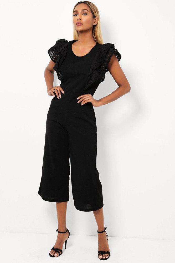 Black Double Wing Sleeves Cropped Wide Leg Jumpsuit