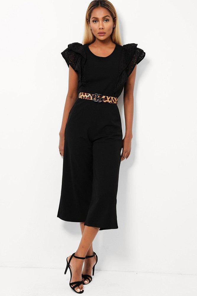 Black Double Wing Sleeves Cropped Wide Leg Jumpsuit