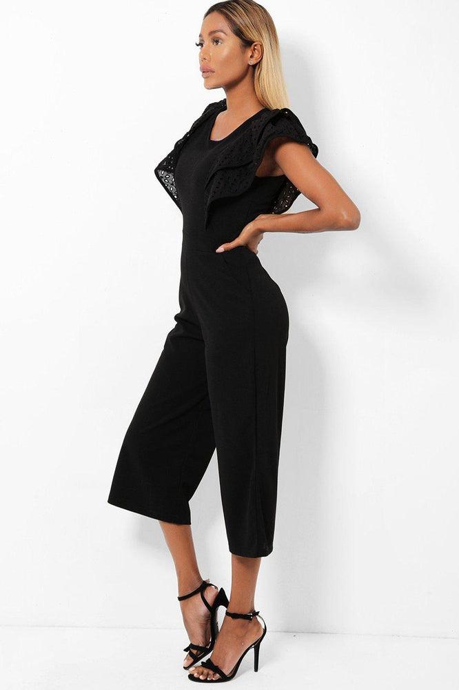 Black Double Wing Sleeves Cropped Wide Leg Jumpsuit