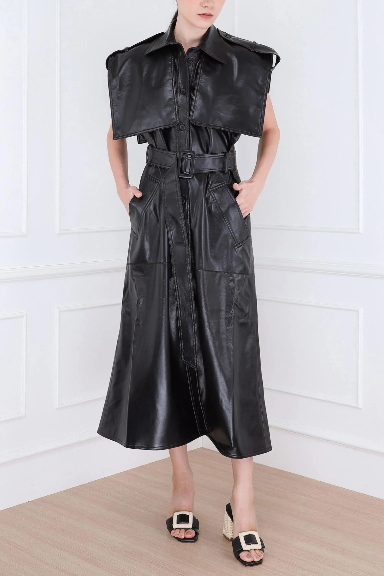 Black Eco Leather Two-piece Vest Coat