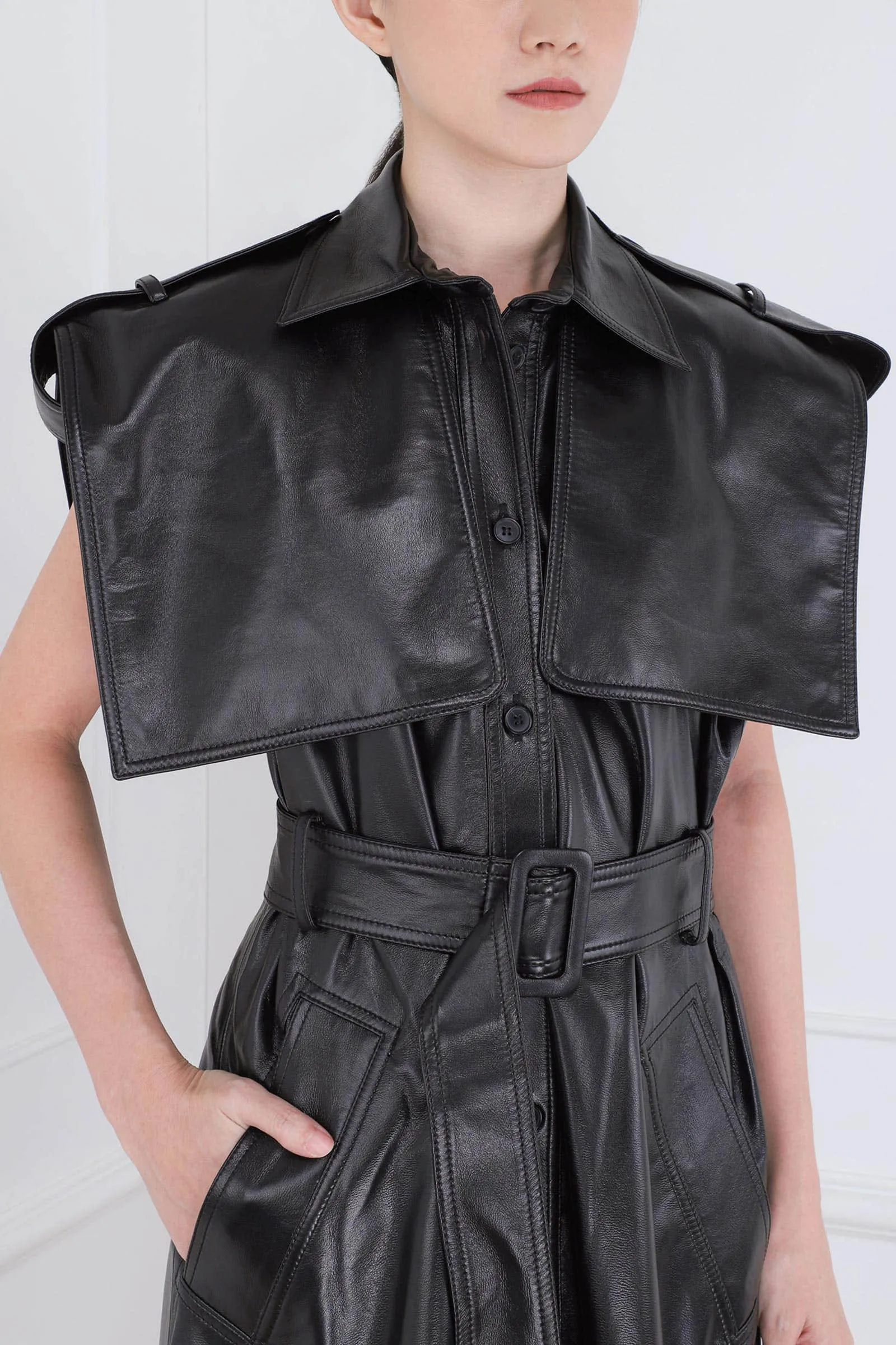 Black Eco Leather Two-piece Vest Coat