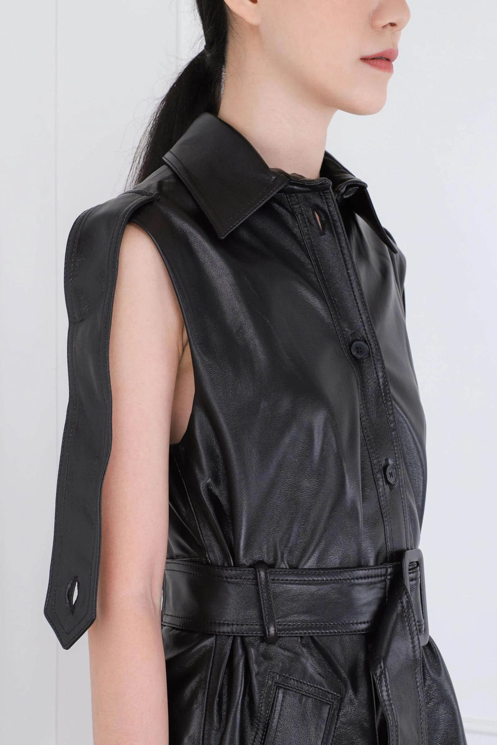 Black Eco Leather Two-piece Vest Coat