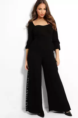 Black Lace Inserts Wide Leg Trousers