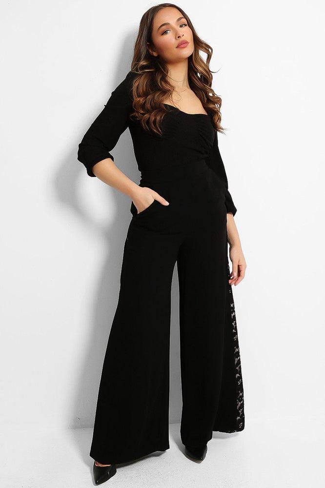 Black Lace Inserts Wide Leg Trousers