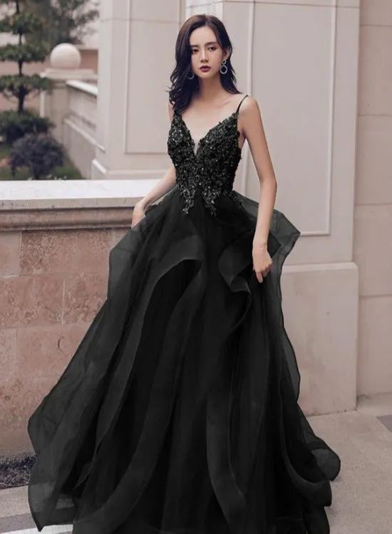 Black Tulle V-neckline Lace Applique Straps Layers Skirt Long Prom Dress, A-line Black Formal Dress