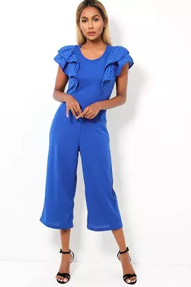 Blue Double Wing Sleeves Cropped Wide Leg Jumpsuit