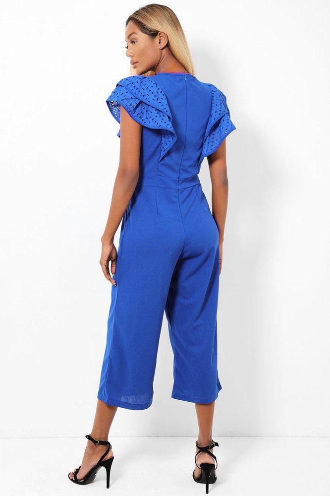 Blue Double Wing Sleeves Cropped Wide Leg Jumpsuit