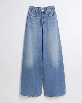 Blue mid rise elastic back palazzo jeans