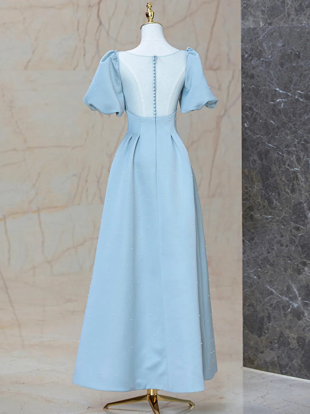 Blue Satin Pearl Long Prom Dress, A-Line Blue Evening Party Dress