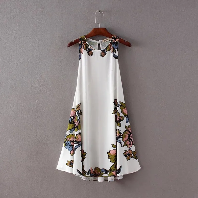 Brand New Vestidos Plus Size Sexy A-line Knee-Length Dress Brief Sleeveless O-neck Women Floral Print Dresses 72093 GS