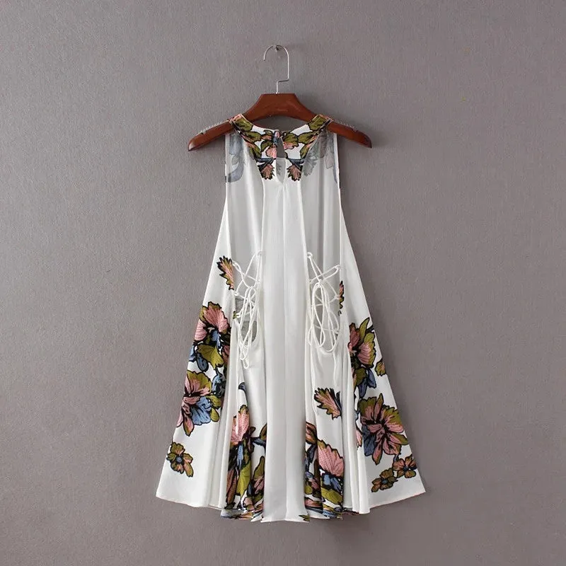 Brand New Vestidos Plus Size Sexy A-line Knee-Length Dress Brief Sleeveless O-neck Women Floral Print Dresses 72093 GS