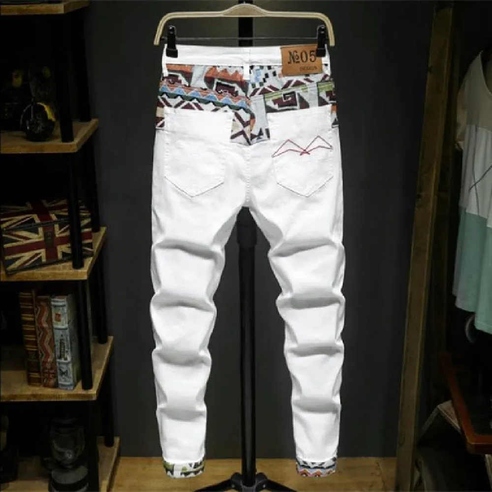 Chinese Style Torn Stretch Embroidered Hip Hop Skinny Jeans for Men