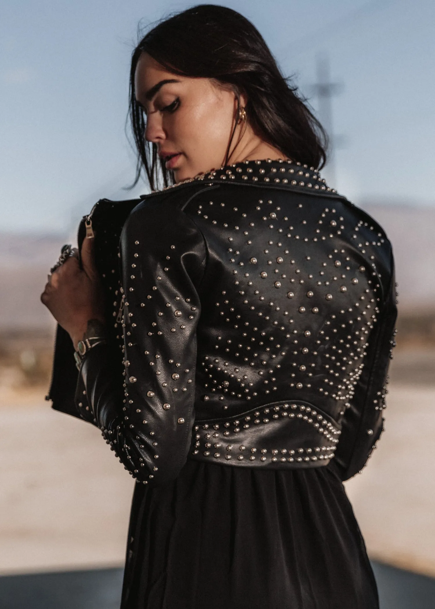 Cropped Faux Leather Moto Jacket with Studs