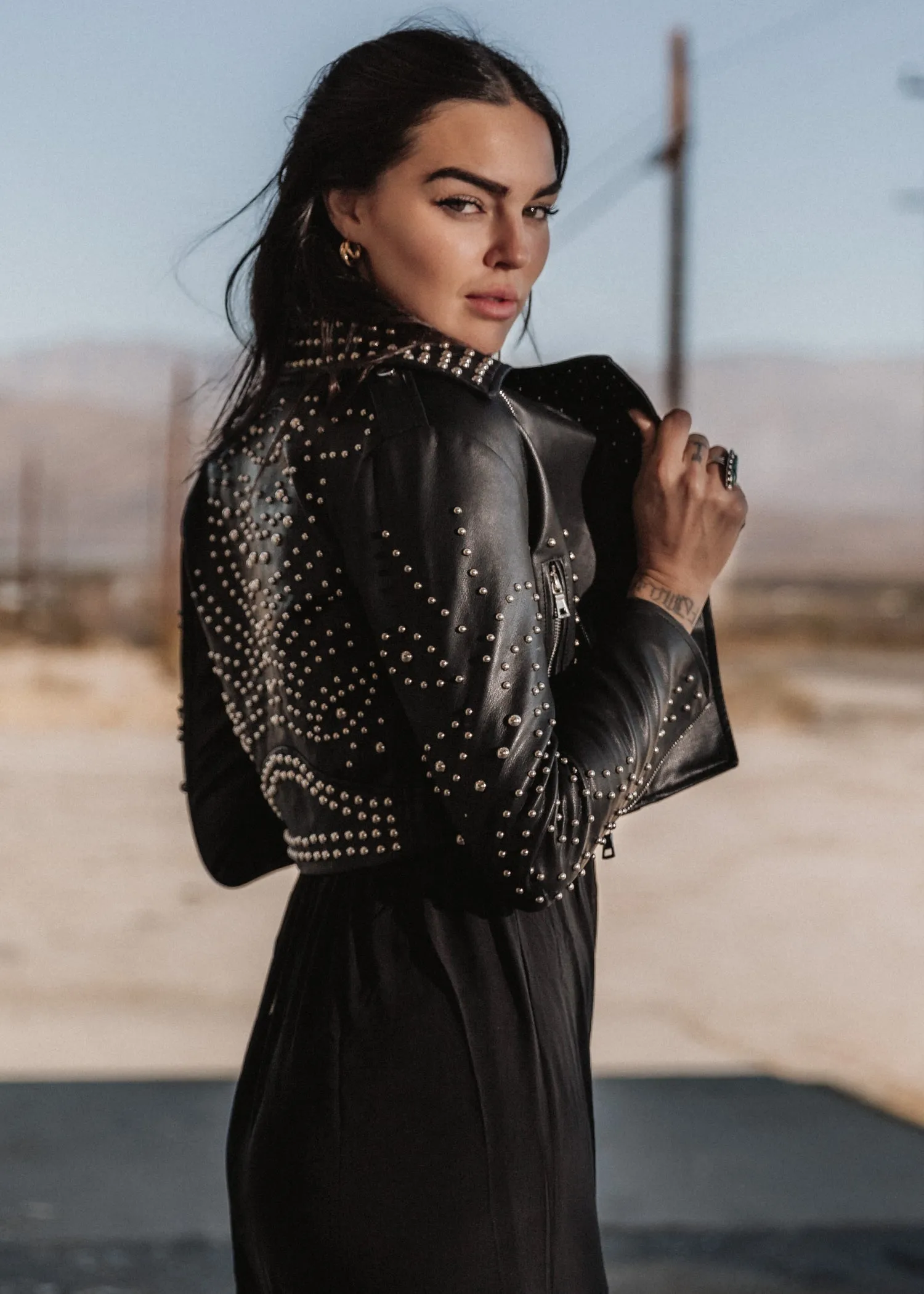 Cropped Faux Leather Moto Jacket with Studs