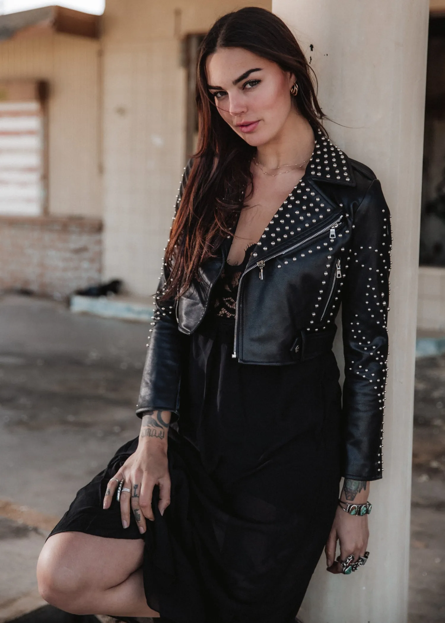 Cropped Faux Leather Moto Jacket with Studs