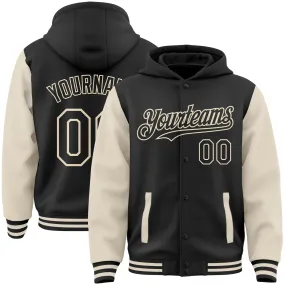 Custom Black Cream Bomber Full-Snap Varsity Letterman Two Tone Hoodie Jacket