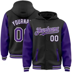 Custom Black Purple-White Bomber Full-Snap Varsity Letterman Two Tone Hoodie Jacket