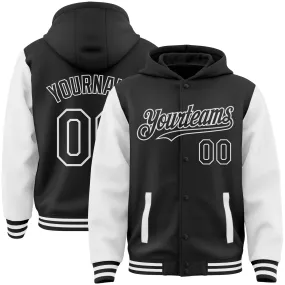 Custom Black White Bomber Full-Snap Varsity Letterman Two Tone Hoodie Jacket