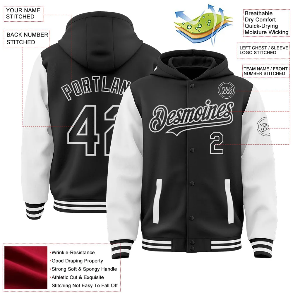 Custom Black White Bomber Full-Snap Varsity Letterman Two Tone Hoodie Jacket