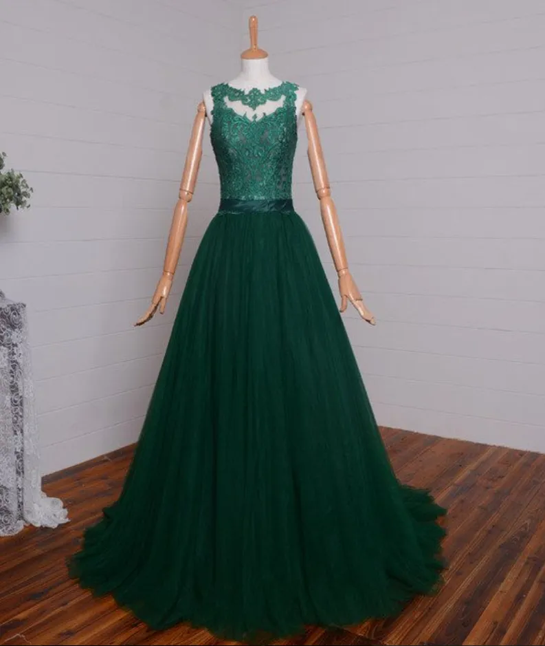 Dark Green Tulle with Lace Applique Long Prom Dress, A-line Evening Dress, Formal Dress