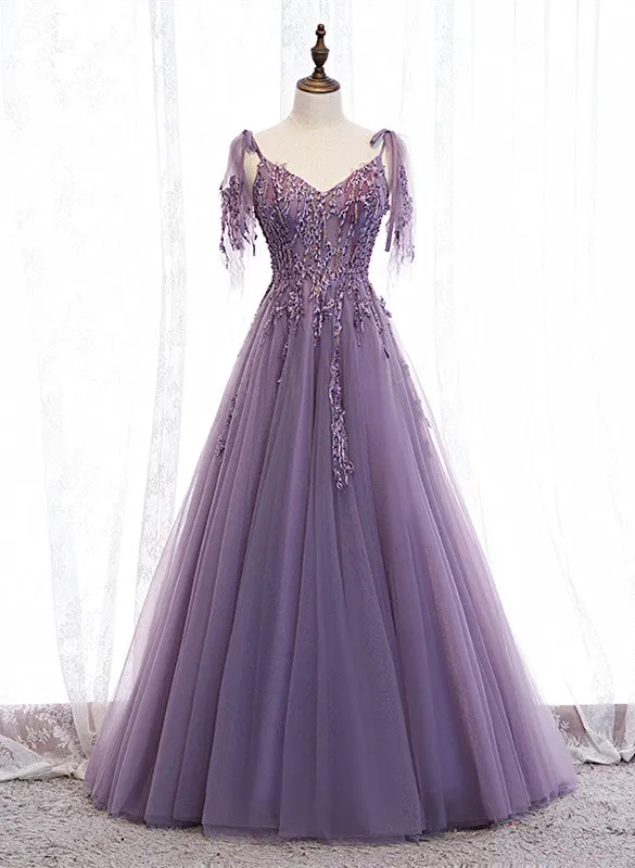 Dark Purple V-neckline Lace Beaded Long Prom Dress, A-line Tulle Evening Dress