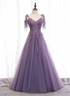 Dark Purple V-neckline Lace Beaded Long Prom Dress, A-line Tulle Evening Dress