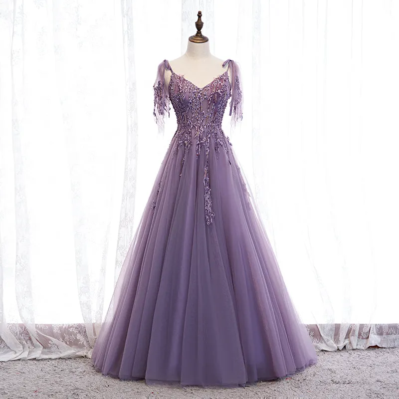 Dark Purple V-neckline Lace Beaded Long Prom Dress, A-line Tulle Evening Dress