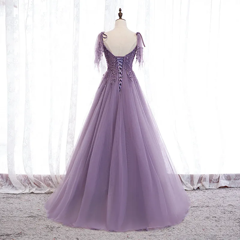 Dark Purple V-neckline Lace Beaded Long Prom Dress, A-line Tulle Evening Dress