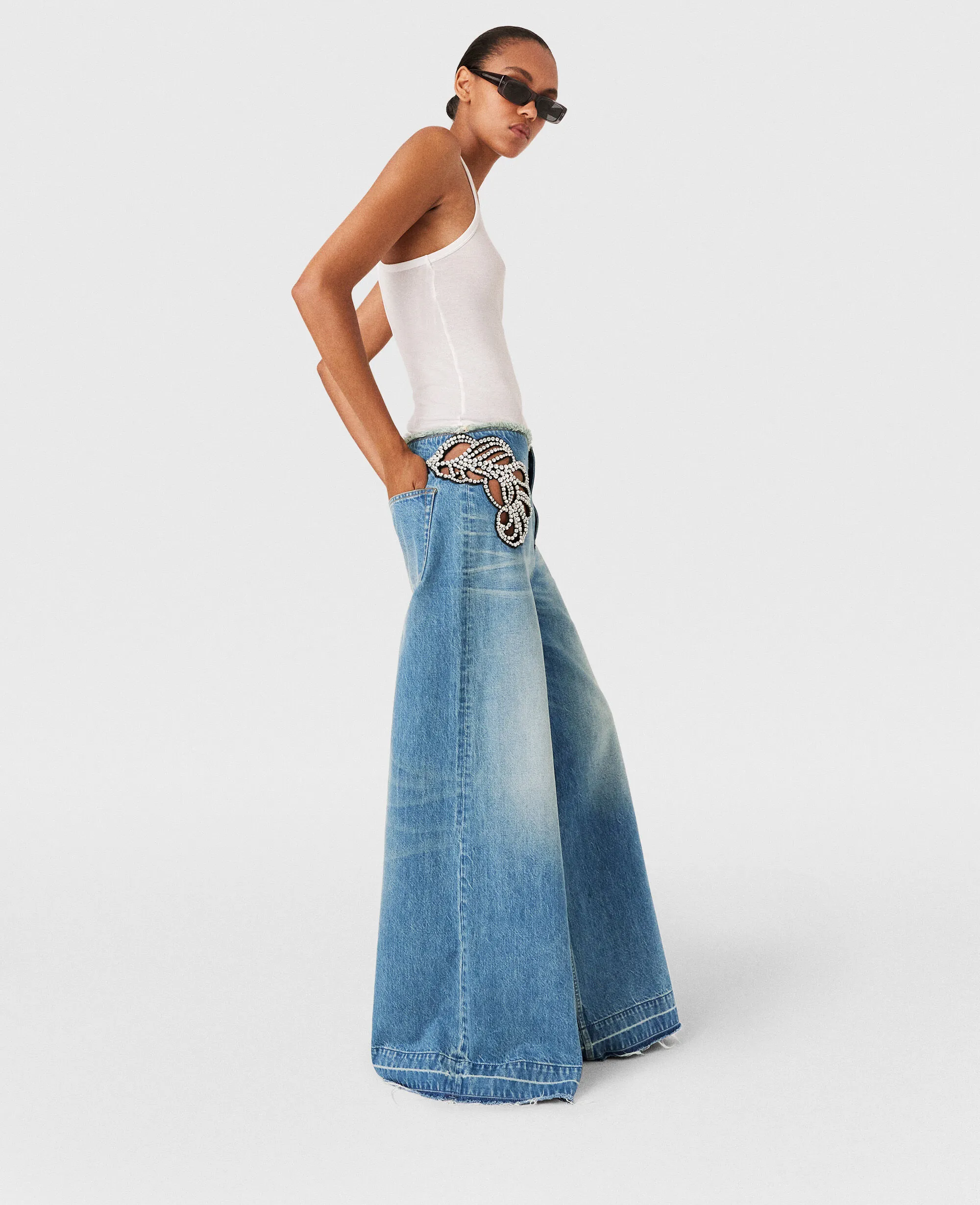 Diamanté Swirl Mid-Rise Wide Leg Jeans