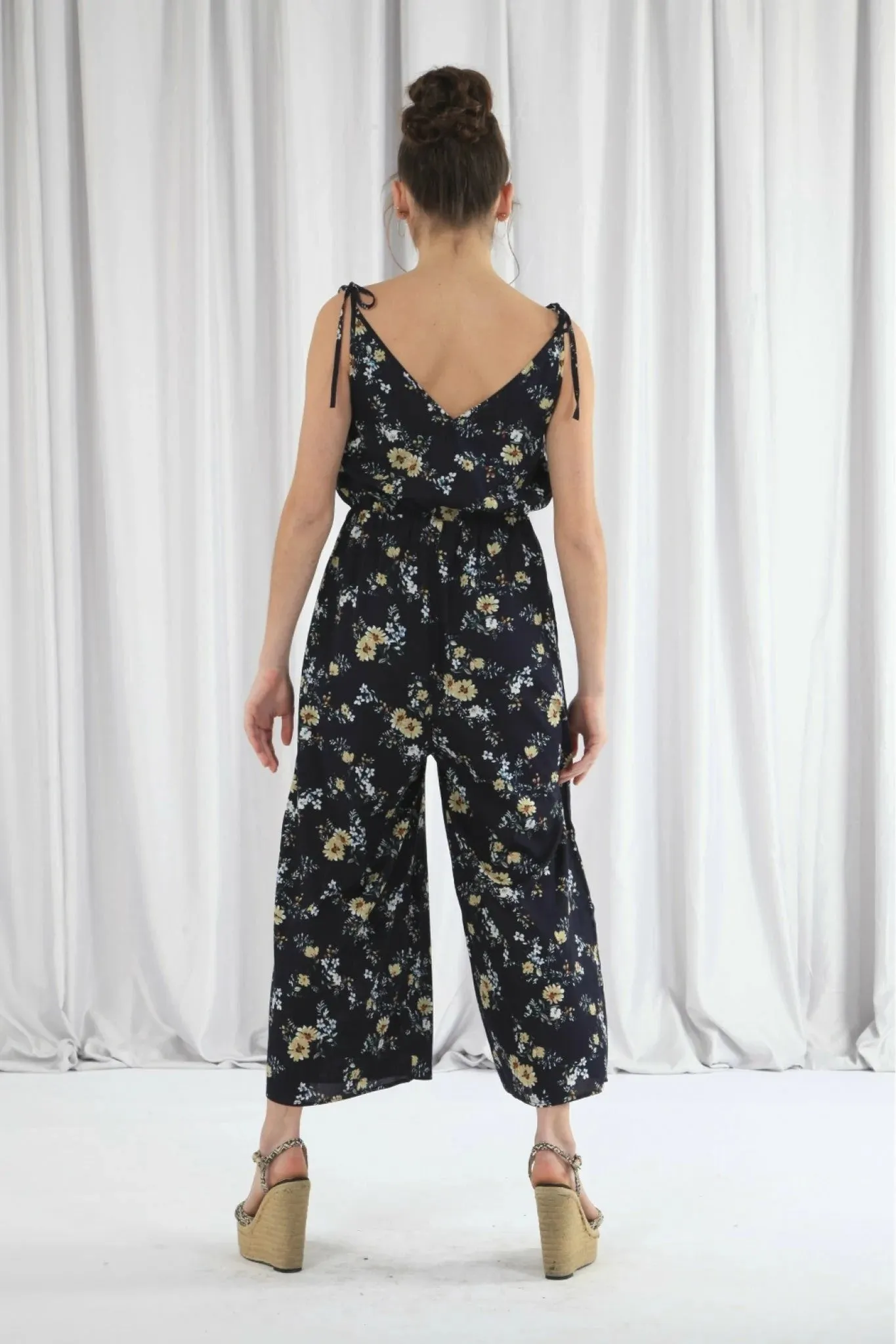 Double Second Navy Wide Leg Jumpsuit With Frill Front