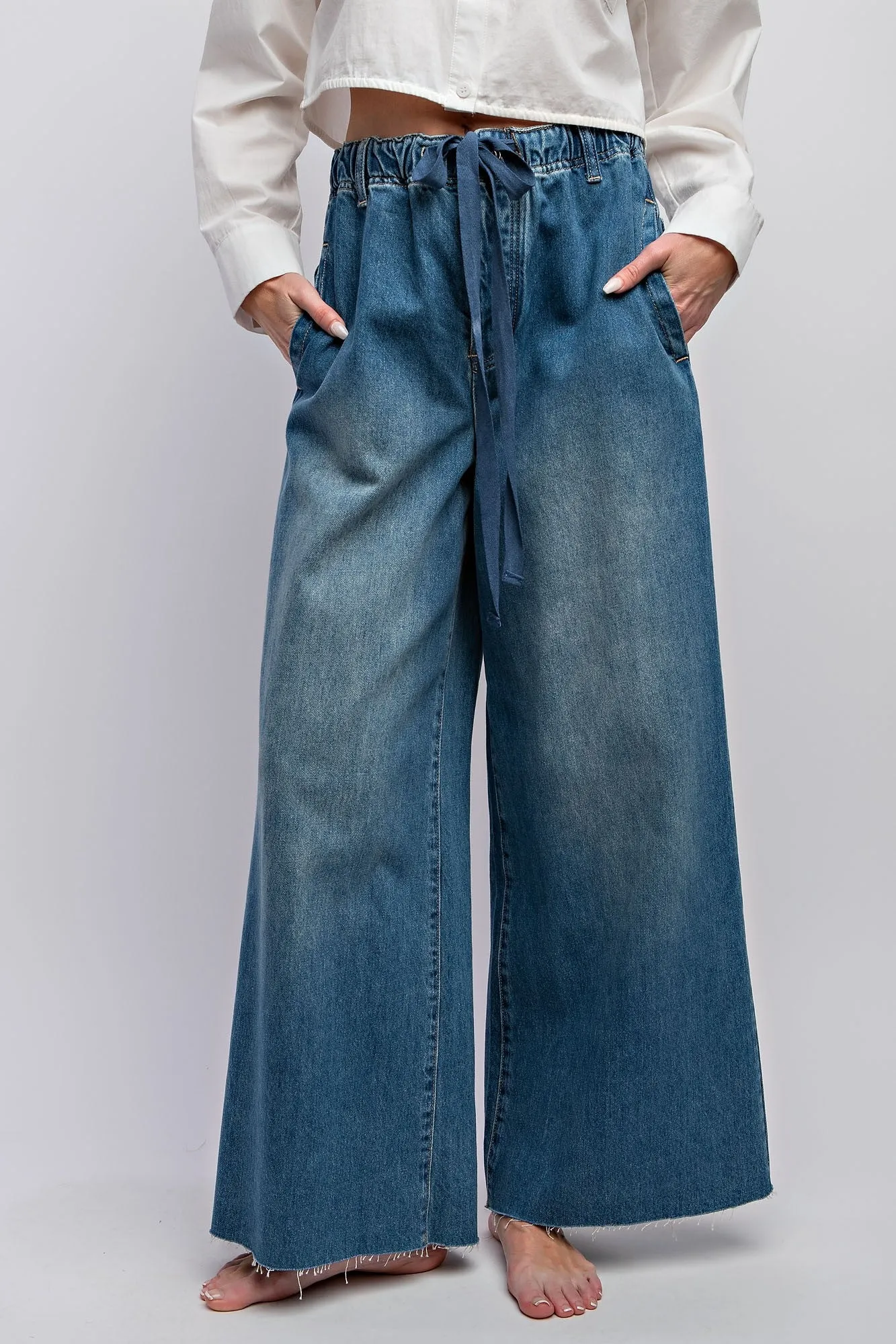 Easel Elasticized Drawstring Waist Wide Leg Jeans