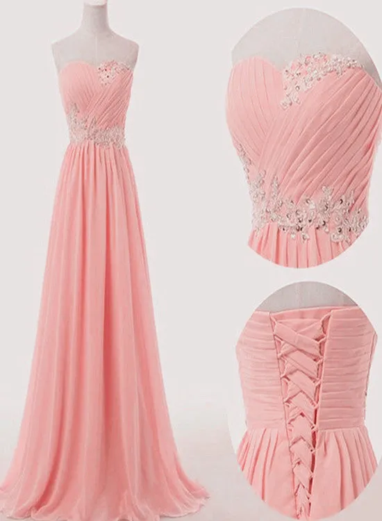 Elegant Pink Chiffon Sweetheart Long Bridesmaid Dress, Prom Dress