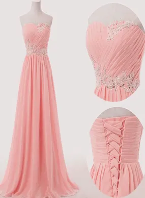 Elegant Pink Chiffon Sweetheart Long Bridesmaid Dress, Prom Dress